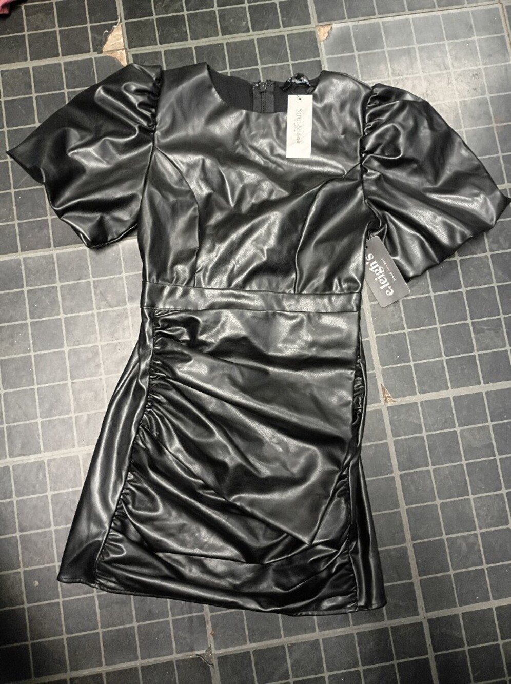 Black Faux Leather Puff Sleeve Ruched Mini Dress